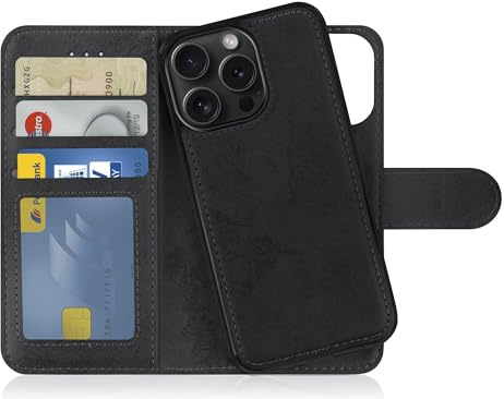 MyGadget Flip Case für iPhone 15 Pro - [ abnehmbare Magnet Hülle ] - Handyhülle aus Kunstleder - [ Klapphülle mit Kartenfach ] Schutzhülle in Schwarz