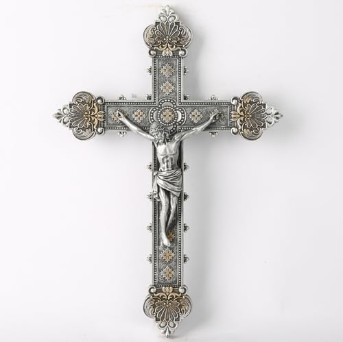 BC Katholisches Kruzifix-Wandkreuz, Jesus Christus, Heimdekoration, religiöses Geschenk, Vintage-Silber-Finish, 30,5 cm hoch, Renaissance-Skulptur, handbemalt von Buildclassic