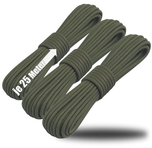 COM-FOUR® 3x paracordsnöre Ø 4 mm, 25 m - rep med 7 kärntrådar för båt, camping, utomhus - nylonrep med 250 kg lastkapacitet (olivgrön)