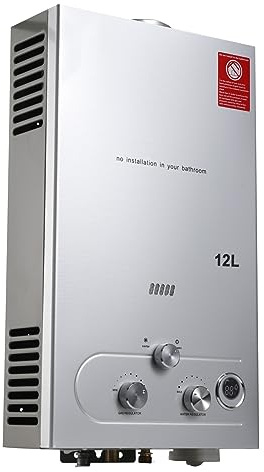 NICCOO Chauffe-Eau à Gaz 12L, Chauffe-eau Instantané 24KW GPL Propane, Certification CE, LED Chauffe-Eau sans Réservoir avec kit Douche, Chauffe-eau La Maison, au Camping-car et à Lextérieur, gris