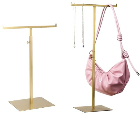 Purse Display Stand Jewelry Towers 2 Packs Stainless Steel Bag Stand Tabletop Adjustable Height Double Hook Hanging Jewelry Stands for Necklaces Organizer Home Store Boutique (Anti-fingerprint)