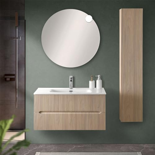 Inbagno Mobile Bagno Sospeso Cannettato 90 Cm Rovere Chiaro Con 2 Cassetti Soft-Close, Lavabo In Ceramica BALI