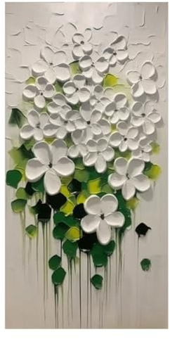 LCDIUDIU Handgemalte Acrylbilder, Weiße Textur,Blumen,Abstrakte Grüne Blätter,Moderne Kunstwerke,Rahmenlose Ölgemälde Auf Leinwand,Wandkunst Für Wohnzimmer,Schlafzimmer,Büro,Heimdekoration,90 X 180 C