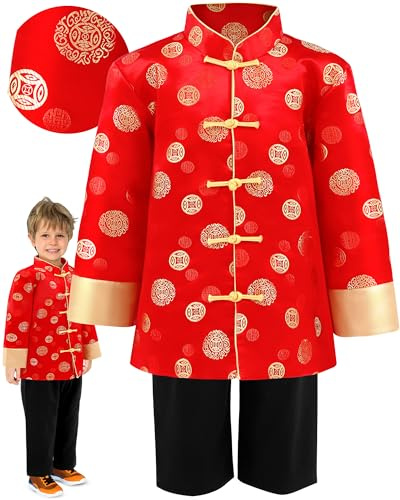 Shinymoon Boy Tang Suit Dragon Long Sleeve Shirt Chinese New Year Outfit Copper Coin Traditional Clothes Trousers for Kids(6 Yard,Copper Coin)