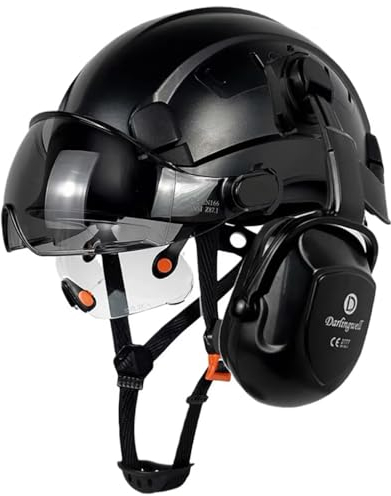 HaoYiShang Casco di sicurezza industriale con visiera, paraorecchie, paraorecchie, nero, con ventilazione, approvato dall'OSHA, elmetti rigidi, costruzione di caschi rigidi, protezione per la testa,