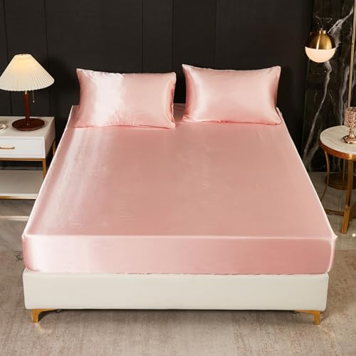 Freyamy Spannbettlaken 200x200cm Rosa Satin Luxus Spannbetttuch Unifarben Seide Glänzend Spannbetttücher Uni Seidig Glatt Sommer Spannleintuch Bettlaken für bis 25-35cm Matraze Spannbetttücher