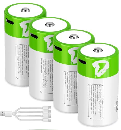 letoom D Batteries Rechargeable 4 Pack with4 in 1 USBC Charging Cable D Size Cell Lithium Batteries 7500mWh 1.5V for Flashlights, Toys, and Floodlights