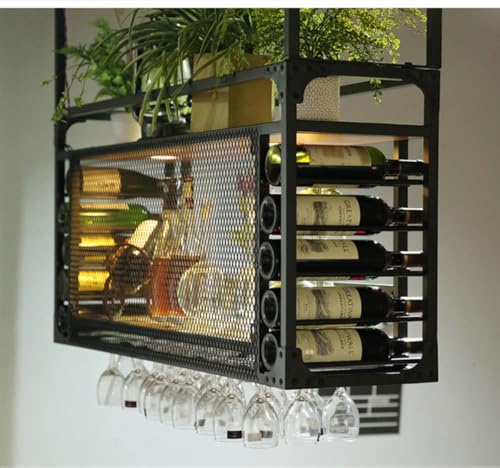 Deckenregal Weinregal,Decken Hängendes Weinregale Mit Glashalter Und Regal,2-lagiges Industrielles Weinflaschenhalter-aufbewahrungsregal Mit Holzbrettern,Metall Weinregal