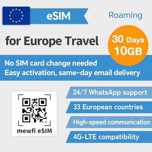 eSIM for Europe Travel 30 Days 10GB –Easy Activation & 24/7 WhatsApp Support, 30+ Europe Countries, 4G High-speed Communication, for eSIM Compatible Unlocked Smartphones (eSIM - 30 Days 10GB)