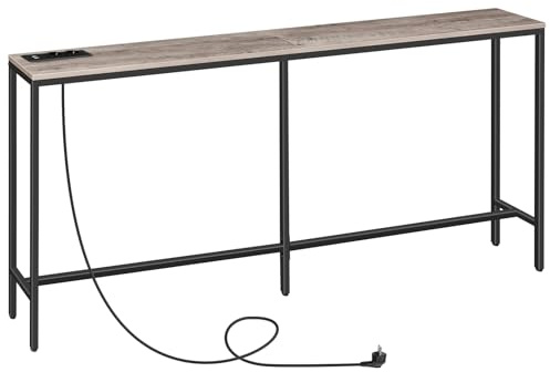 MAHANCRIS Mesa Consola con Tomas de Corriente, Aparador Estrecho de, Mesa de Entrada Estilo Industrial con Puerto USB, Mesa Auxiliar de Sofá para Entrada, Pasillo,Salón, Gris ACTHG20UE01