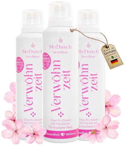 MeDusch Duschschaum Verwöhnzeit (200 ml) Kirschblüte (Sakura) mit veganem Hyaluron im praktischen Set 3er-Set (unisex), Feuchtigkeitsspendendes Aromabad für die Dusche!