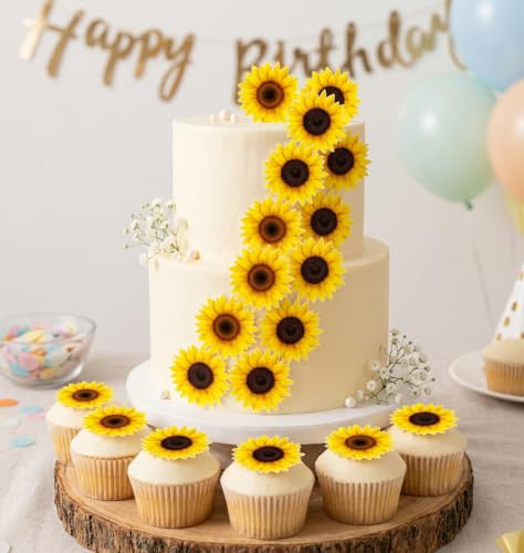 Anglesit Pre-cut Sunflower Edible Rice Wafer Paper Cupcake Toppers Cake Decorations Yellow Flowers Birthday Wedding Party