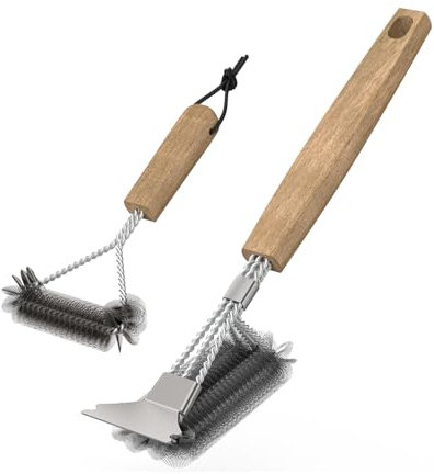 Lot de 2 brosses de nettoyage pour barbecue avec manche en bois, 39 cm, grattoir en acier inoxydable, poils denses en acier inoxydable, triangulaires à 360 °