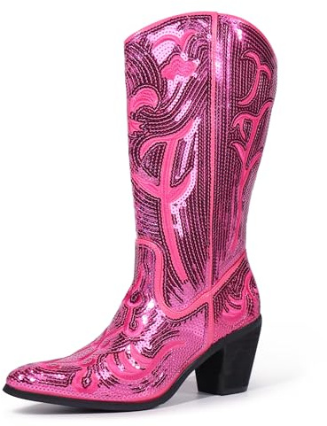 Hawkwell Damen-Western-Cowboystiefel mit Pailletten, wadenlang, hochmodisch, zum Überziehen, Reißverschluss, spitze Zehenpartie, bestickt, hohe Cowgirlstiefel