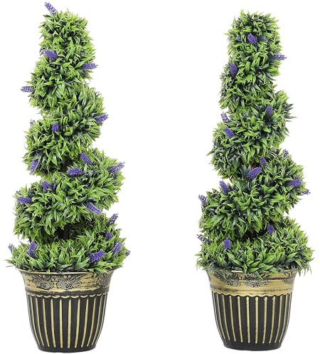 HOMCOM Set of 2 Decorative Artificial Plants, Boxwood Spiral Topiary Tree with Lavender and Pot, Fake Plants for Home Indoor Outdoor Decor, 90cm