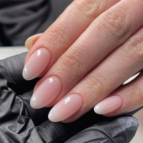 Unghie Finte Corte MouyouGlow,Mandorla Rosa Chiaro Gradient Bianche Press on Nails con Colla,Baby Pink Ombre White Sweet INS Fake Nails per Donne e Ragazze