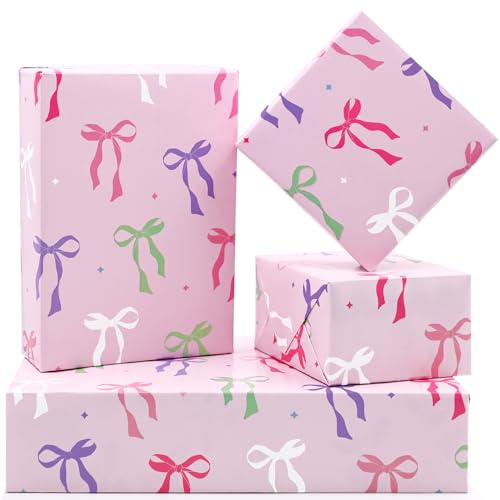Pink Wrapping Paper, Birthday Wrapping Paper Designed with Pretty Colorful Bow, 100% Recyclable ECO Gift Wrap for Girls Birthday,Party and Baby Shower（5 sheets）