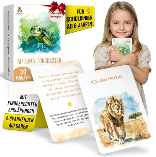 SpielLieb® Affirmationskarten Kinder – 50 Achtsamkeitskarten Selbstliebe für mehr Mut & Dankbarkeit – Gefühlskarten für Kinder mit positiven Glaubenssätzen – emotionale Stärke fördern