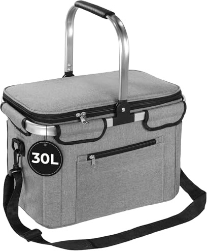 OUSFOT Grande Cestino Picnic Pieghevole, 30L Borsa Termica con Coperchio Grigio con Telaio in Alluminio Perfetto per Shopping,Picnic,Attività All'aperto