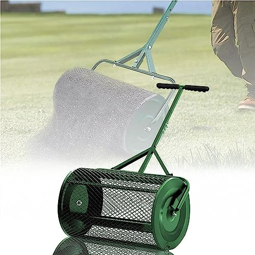24 * 12.5 Inch Compost Spreader for Lawn and Garden,Upgraded T Shaped Handle Moss Durable Lightweight for Planting, Seeding, Heavy Duty Metal Mesh Basket Push Spreader,Green-Separate32x60cm