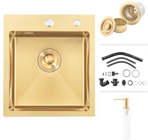 Lavello da Bar Gold, Lavandino Cucina 40 x 40 cm, Lavello in Acciaio Inox Quadrato con Sifone, Lavabo cucina Piccolo Montaggio Incasso o Superiore, con Dispenser Sapone | Acciaio Inox Cal.16, Vassoio Dorato, Bar Esterni, Campeggio, Filtro di Scarto, Dispenser di Sapone, Piccolo Lavabo, 1 Bacco