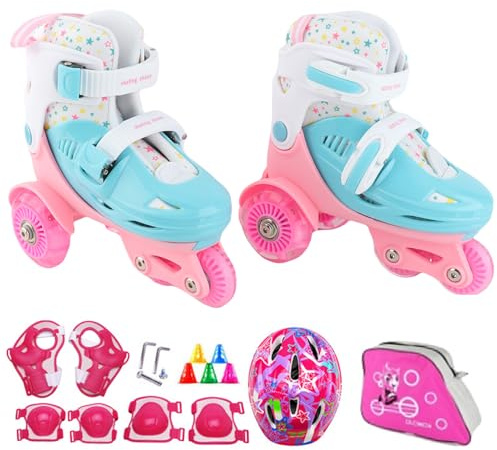ERYUE Zapatos de Patinaje con Flash para Niños, Juego de Patinaje sobre Ruedas para Principiantes con Equipo Seguridad, Casco, Rodilleras y Coderas Niños (#7)