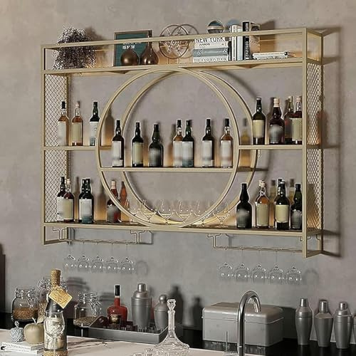 Gold Wall Mounted Wine RackMetal Home Bar Unit with Shelves & Doors Stylish Black Glass Display & Drinks Cabinet for Home Decor (140x15x80cm)