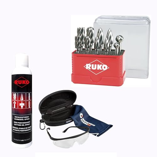 RUKO Hartmetall-Frässtifte-Satz HM, 10-teilig, Zylinderschaft, Kreuzverzahnung rechtsschneidend, für Stahl, Guss, Edelstahl & NE-Metalle, inkl. Spray & Schutzbrille
