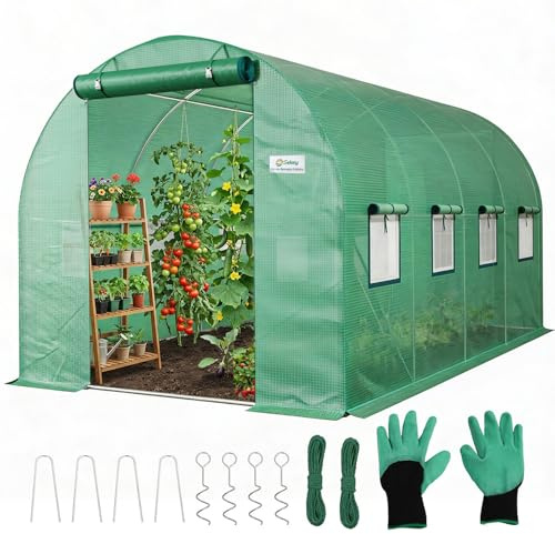 Sekey Gewächshaus Foliengewächshaus Winterfest 4x2x2m Folientunnel | 8m² Stabil Tomatenhaus, Treibhaus, inkl. 2 Türen & 8 Fenster & Profi-Fixierungs-Set, 140g/m² PE-Folie