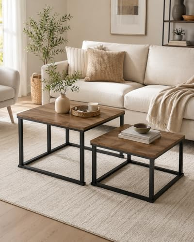Ginhow Couchtisch 2er Set Holzoptik Eiche Quadratisch Wohnzimmertisch Modern Tisch Wohnzimmer Set Sofatisch Beistelltisch Set mit Metallrahmen Couchtisch Holz für Wohnzimmer Büro