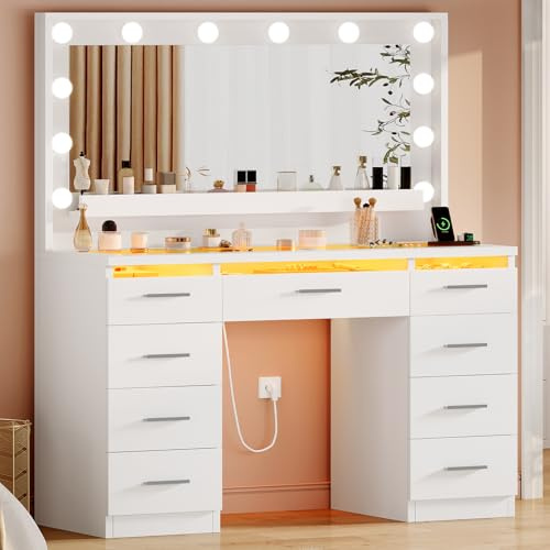TEENFON Toeletta Trucco con Grande Specchio, Toeletta da Trucco con Luci,Luminosità Regolabile,Toletta Trucco con Piano in Vetro,RGB,Postazione Trucco con Prese,9 Cassetti, Ripiano Sospeso