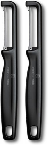 Victorinox Éplucheur Iota, Éplucheur pour Légumes, Fruits, Lame Dentelée, Double Tranchant, Extra Aiguisé, Swiss Made, Noir (Lot de 2)