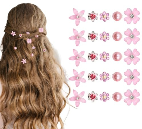 VEGCOO 25 Pinces 5 Motifs Strass Perles Petites Fleurs Cheveux, Rose Pinces à Cheveux à Fleurs, Mini Épingles à Cheveux pour Femmes, Barrettes de Mariée pour Mariage, Accessoire Capillaire (Rose)