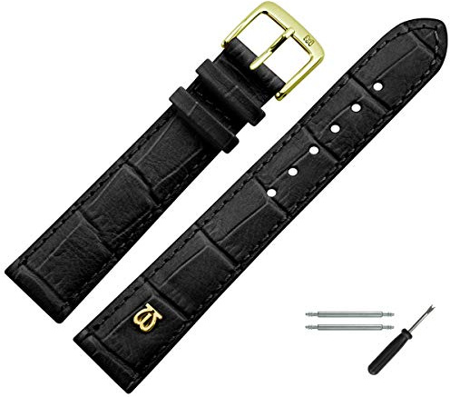 MARBURGER Uhrenarmband 18mm Leder Schwarz Gold Alligator Prägung Mit Naht - Montage Set 5281810000220