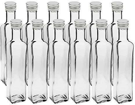hocz 12x leere Glasflaschen 500ml Schraubverschluss Silber Eckig - kleine Flaschen zum Befüllen mit Deckel - für Saft, Getränke, Likör, Öl, Saucen - 12 Stück, Maraska