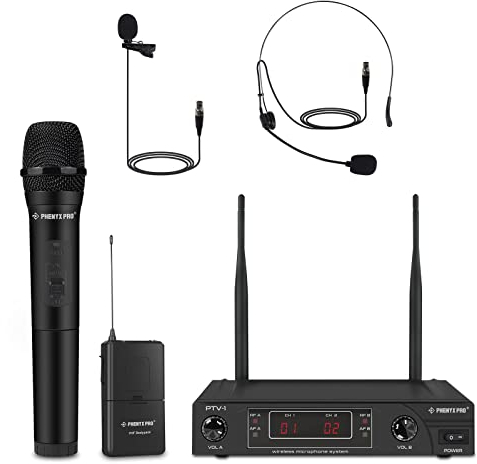 Phenyx Pro Wireless Mikrofon Set,VHF Kabellos Mikrofon System mit 1 Handheld+1 Headset+1 Lapel+1 Bodypack, Stabile Signalübertragung,Große Reichweite,Ideal für Interviews, Kirchen, Hochzeiten (PTV-1B)