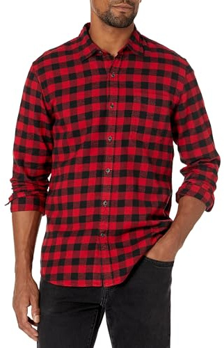 Amazon Essentials Herren Schmal Geschnittenes, Langärmliges Flanellhemd Mit Knopfleiste, Kariert, Schwarz Rot Buffalokaros, L