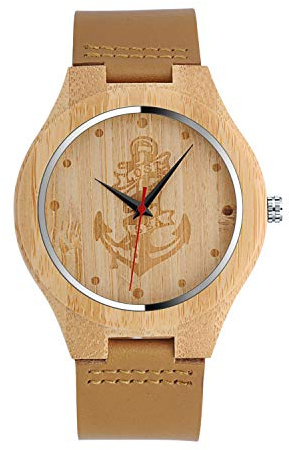 Unendlich U Herren Damen Unisex Bambus Anker Holzuhr Analog Quarzwerk Armbanduhr mit Lederband Für Frauen Männer Vater Ehemann Geschenke
