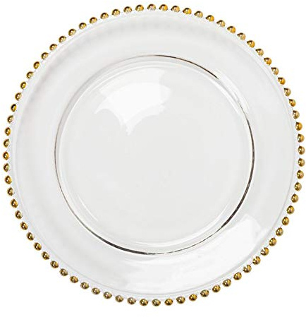 EME Pack Bajoplatos Presentación Perlas Oro Dorado en Vidrio Transparente con un Bonito Detalle de Perlas en Oro Dorado por todo el borde. 33 cm diámetro. Incluye 6 Unidades.