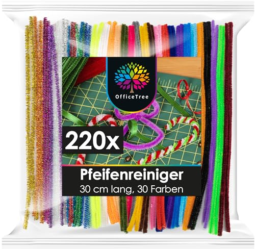 OfficeTree 220 Pfeifenputzer Bunt zum Basteln - 30 Farben inklusive Glitzerdraht - Chenilledraht 30cm - Pfeifenreiniger Bunt zum Basteln - Pipe Cleaner für DIY Projekte