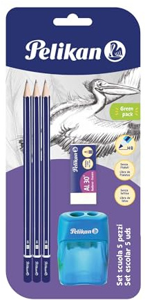 Pelikan Set Scuola, 3 Matite Grafite HB, 1 Gomma AS30, 1 Temperino Doppio Foro (Rosa o Blu), Senza Ftalati e Lattice, Prodotto in Germania