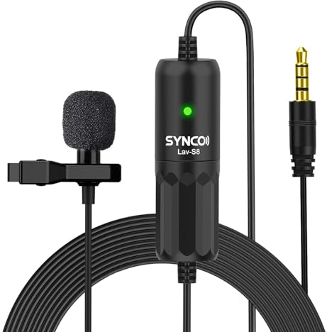 SYNCO Microfono Lavalier, S8 Clip Mic 3.5mm Omnidirezionale 8 Metri Compatibile per Smartphone iPhone/Android, Fotocamera, Tablet, Laptop, Computer, Microfono-Lavalier-Clip-Mic-Cellulare