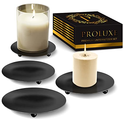 PROLUXE ® Kerzenhalter Schwarz 4tlg Design - Kerzenständer aus hochwertigem Metall - Kerzenuntersetzer - Premium Qualität Kerzen Deko - 4er Set Kerzenteller - Geschenkartikel