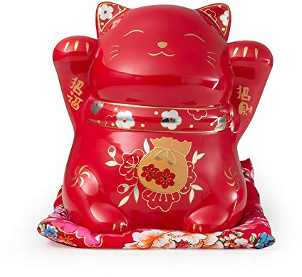 Klein Maneki Neko Glückskatze Glücksbringer Spardose aus Porzellan, Keramisch Statuette für Zuhause Büro und Laden Dekoration 12x12x14CM(4.72x4.72x5.51Inch),Rot,L