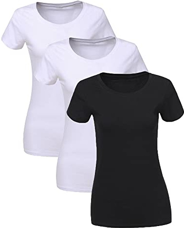 LiKing dam-t-shirt bomull kortärmad basic sommar rund hals t-shirts toppar blus 1/3-pack 6101, 1 x svart/2 x vit, M