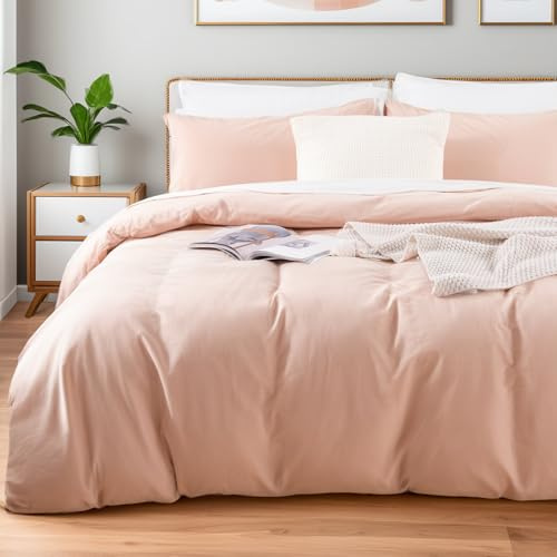 NEXHOME PRO Duvet Cover Set Kids Twin Size Linen Feel Textured Organic Natural 100% Washed Cotton Duvet Cover 2 Pieces Bedding Set with Zipper Closure, Breathable, Dusty Pink(No Comforter)