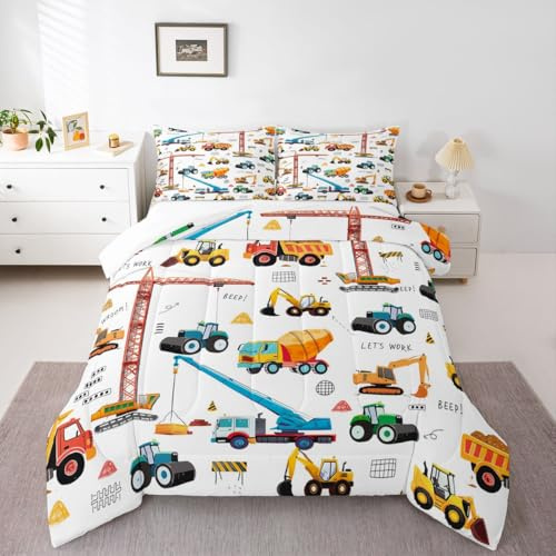 Erosebridal Cartoon Car Kids Comforter Set Truck Bedding Set Decor Construction Excavator Tractor Quilted Duvet Heavy Machinery Digger Mixer Down Comforter for Children Boys Teens 3Pcs Queen