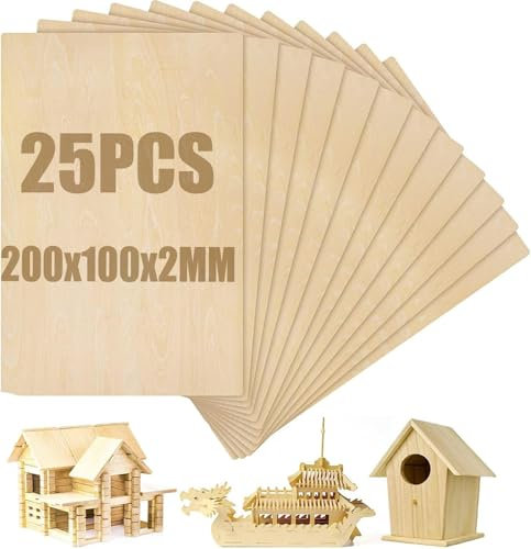 SENENQU 25 Pezzi Compensato 2mm Fogli di Legno 200 x 100 x 2 mm Pannello Legno Pannelli Tiglio Tavolette Legno per Lavoretti Per Artigianato Fai Da Te, Modello