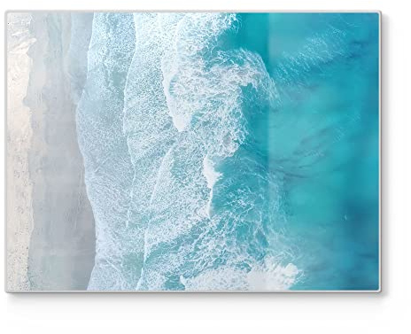 DEQORI Schneidebrett aus Glas | groß 40x30 cm | Motiv Meeresbrandung von oben | Design Schneideplatte für Küche | Frühstücksbrett antibakteriell & rutschfest | Glasplatte & Servierplatte