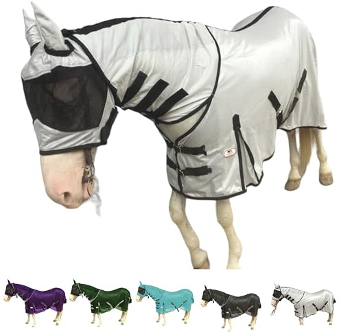Majestic Ally Horse Fly Sheet with Neck Cover and Head Mask, Breathable, UV and Bite Protection, Adjustable Straps, Turnout Accessory (Silver, 6')